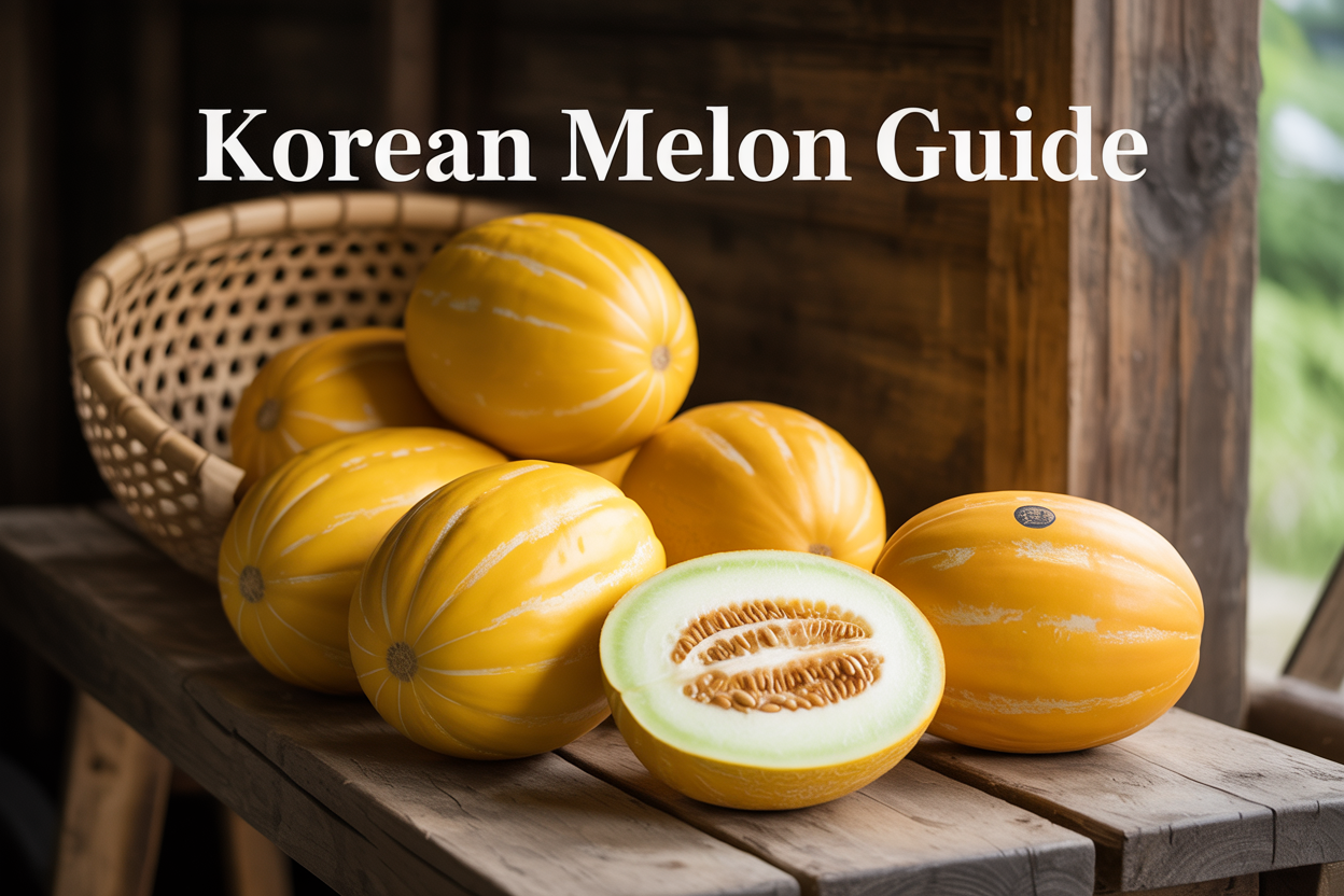 Create a realistic image of fresh Korean melons (chamoe) with their distinctive yellow skin and white stripes, some whole and one cut in half showing the white flesh and seed cavity, arranged on a rustic wooden table with Korean traditional elements like a bamboo basket in the background, soft natural lighting from the side, and the text "Korean Melon Guide" elegantly overlaid in the top portion of the image.