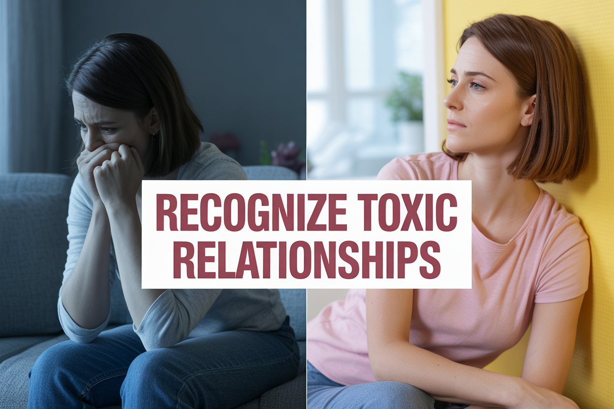 Create a realistic image of a split-screen composition showing two contrasting scenes: on the left side, a sad white woman with downcast eyes sitting alone in a dimly lit room with dark, muted colors representing isolation and distress; on the right side, the same woman looking confident and peaceful in bright, warm lighting with vibrant colors representing healing and freedom, with the text "RECOGNIZE TOXIC RELATIONSHIPS" prominently displayed in bold, clean typography across the center of the image, using a dark red color that stands out against both backgrounds.
