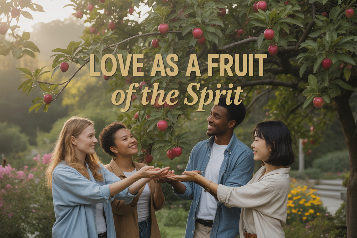 Create a realistic image of a lush fruit tree with vibrant red heart-shaped fruits growing on its branches, set in a peaceful garden with soft golden sunlight filtering through the leaves, a diverse group including a white female, black male, and Asian female standing beneath the tree with gentle smiles and outstretched hands toward the fruits, warm and serene atmosphere with blooming flowers in the background, soft natural lighting creating a spiritual and uplifting mood, with elegant text overlay reading "Love as a Fruit of the Spirit" in golden letters.