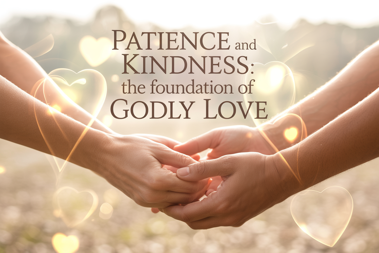 Create a realistic image of two hands gently holding each other in a supportive gesture against a soft, warm golden background with subtle light rays filtering through, conveying a sense of peace and compassion, with the text "Patience and Kindness: The Foundation of Godly Love" elegantly overlaid in warm, readable typography, surrounded by delicate, translucent heart shapes and soft bokeh effects that enhance the spiritual and loving atmosphere.
