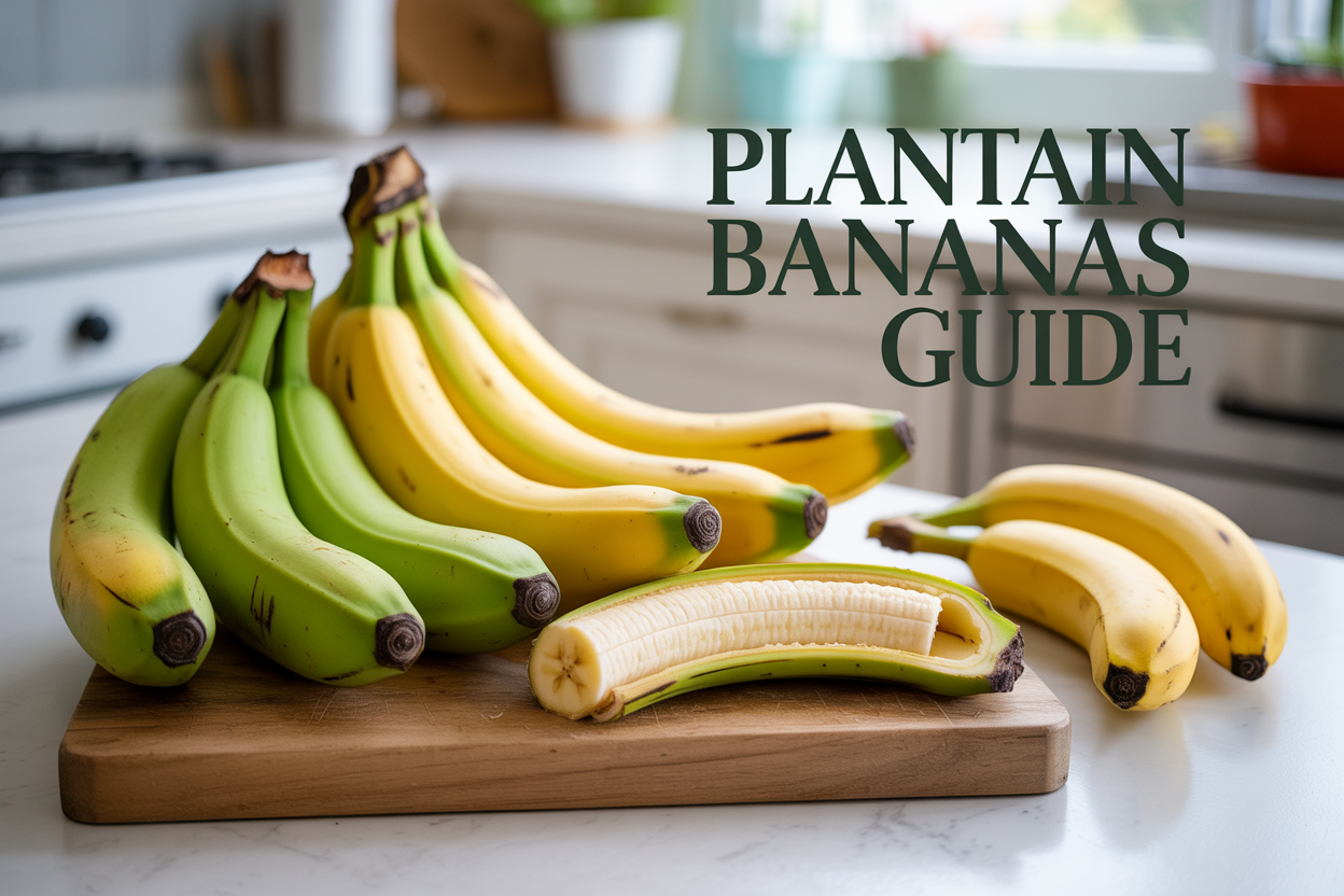 Create a realistic image of fresh plantains in various ripeness stages from green to yellow to black arranged on a rustic wooden cutting board, with one plantain sliced to show the pale flesh inside, accompanied by regular yellow bananas for size comparison, set against a clean white kitchen counter background with soft natural lighting from a nearby window, including the text "Plantain Bananas Guide" overlaid in elegant dark green typography in the upper portion of the image.