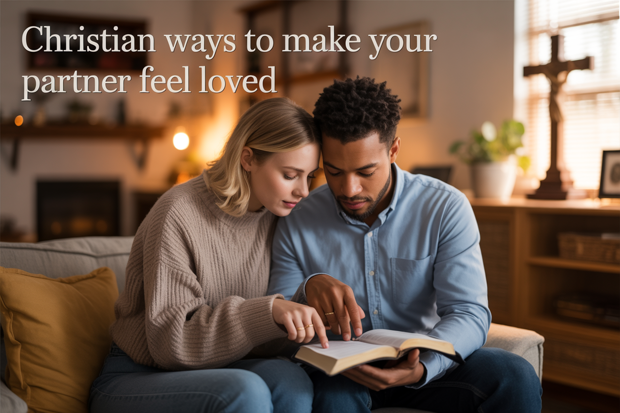 Create a realistic image of a diverse couple (one white female and one black male) sitting together on a comfortable couch in a warm, softly-lit living room, reading from an open Bible placed between them, with their hands gently touching as they point to a passage, a wooden cross visible on the wall behind them, warm golden lighting streaming through a nearby window, creating an intimate and peaceful atmosphere, with the text "Christian Ways To Make Your Partner Feel Loved" elegantly overlaid in white serif font at the top of the image.