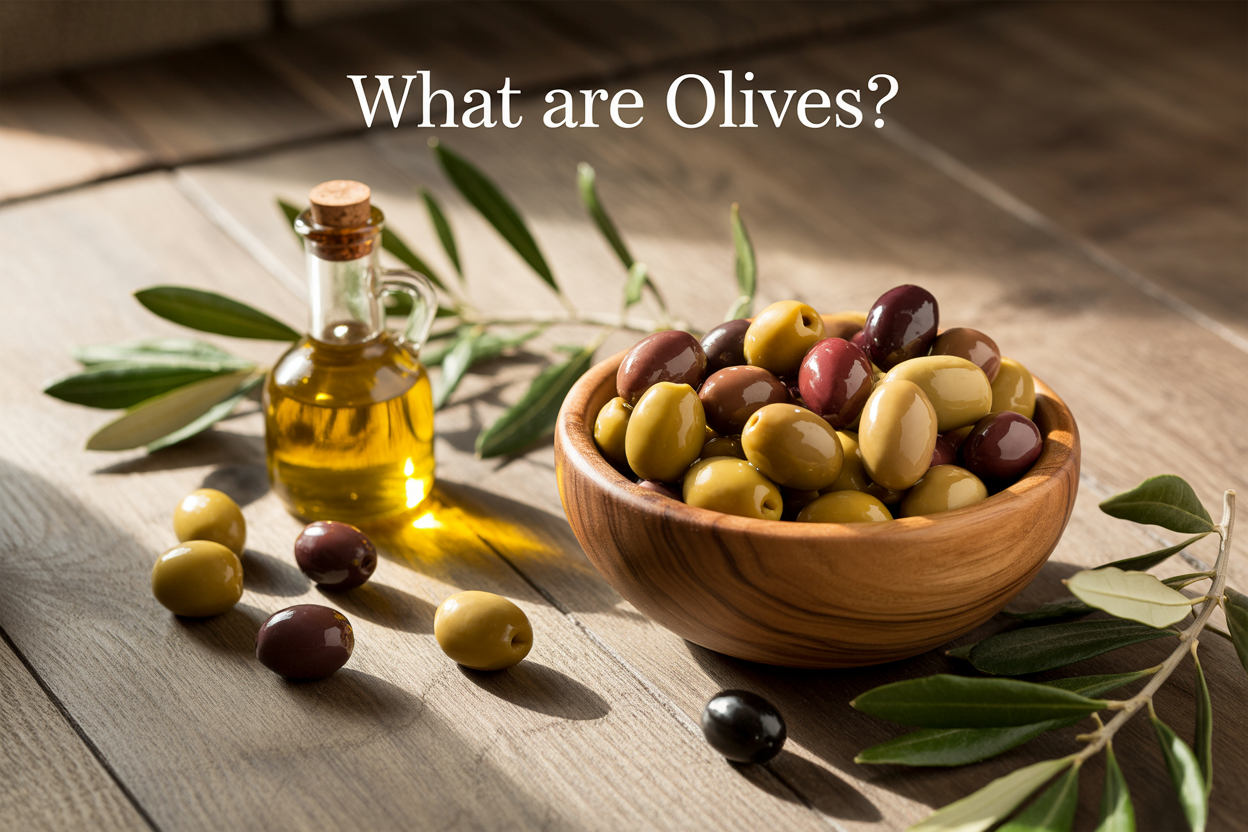 Create a realistic image of a rustic wooden bowl filled with various types of olives including green, black, and Kalamata olives, surrounded by fresh olive branches with leaves, a small glass bottle of golden olive oil, and scattered whole olives on a Mediterranean-style wooden table surface, with soft natural lighting from the side creating gentle shadows, and the text "What Are Olives?" elegantly displayed in the upper portion of the image in a clean, readable font.