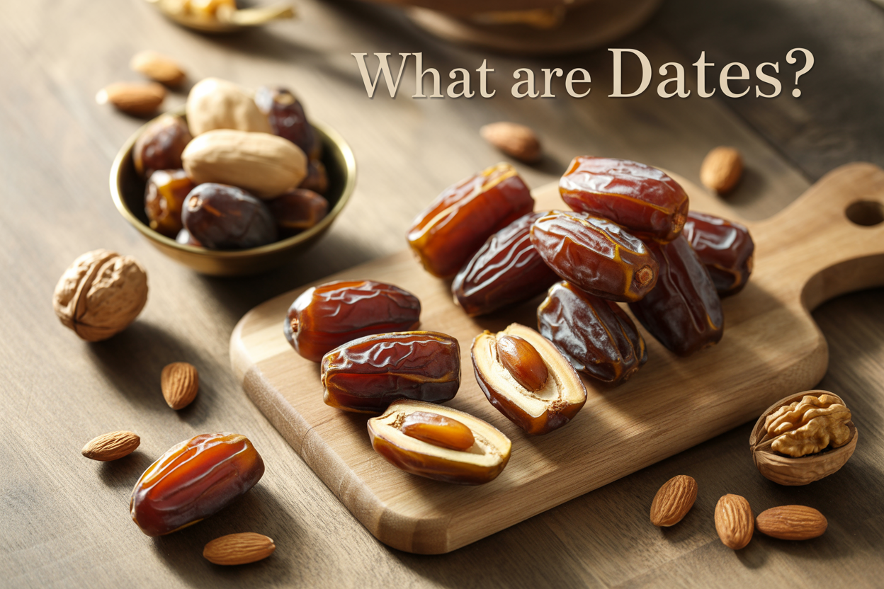 Create a realistic image of fresh Medjool dates arranged on a rustic wooden cutting board with some dates cut in half to show their flesh and pits, alongside a small bowl of mixed date varieties, scattered almonds and walnuts, soft natural lighting from above creating gentle shadows, warm earthy background with subtle texture, and elegant text overlay reading "What Are Dates?" in a clean modern font positioned in the upper portion of the image.