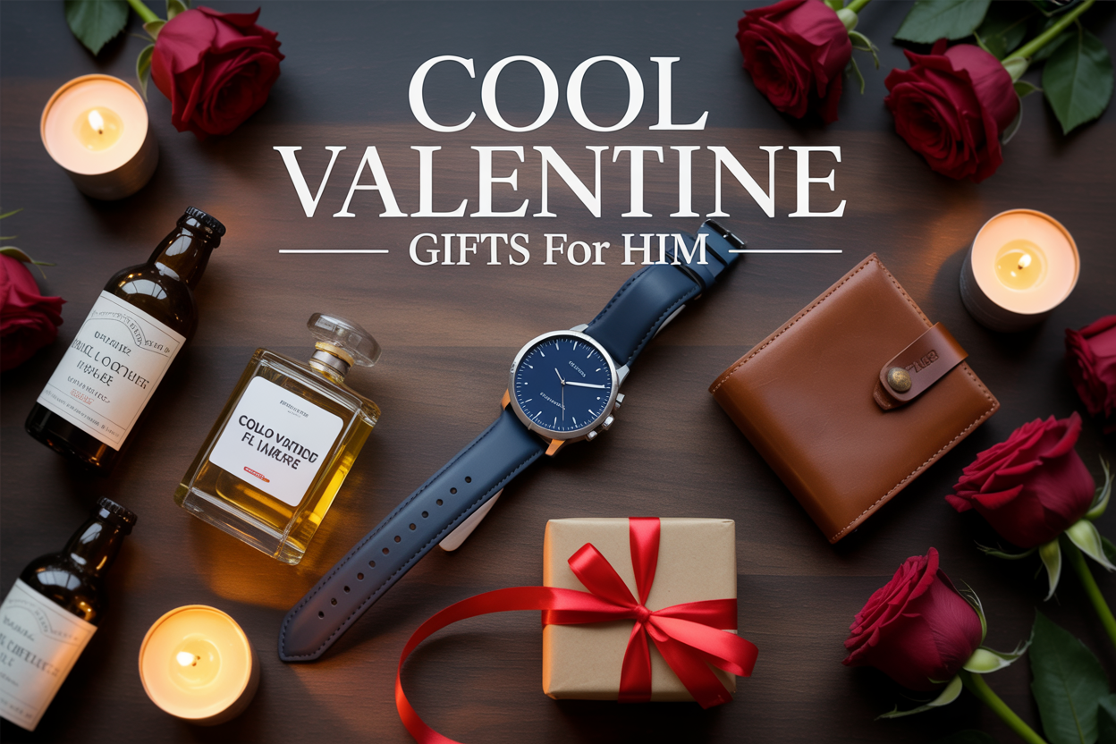 Create a realistic image of an elegant flat lay arrangement on a dark wooden surface featuring Valentine's Day gifts for men including a sleek smartwatch, leather wallet, cologne bottle, craft beer bottles, and a small wrapped gift box with red ribbon, surrounded by subtle romantic elements like dark red roses and soft candlelight, with the text "Cool Valentine Gifts For Him" displayed in elegant white lettering at the top of the composition, shot with warm ambient lighting that creates a sophisticated and romantic atmosphere.