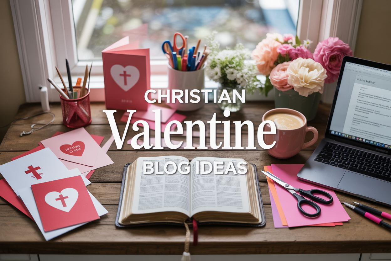 Create a realistic image of a warm, inviting workspace with an open Bible, scattered Valentine's Day cards with Christian symbols like crosses and hearts, a laptop displaying a blog draft, colorful craft supplies including pink and red paper, scissors, and markers, a steaming cup of coffee, and fresh flowers in soft pink and white tones, all arranged on a rustic wooden desk near a window with soft natural lighting, with the text "Christian Valentine Blog Ideas" elegantly overlaid in a modern font.