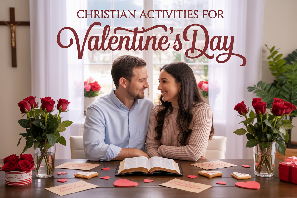 Create a realistic image of a warm, inviting scene featuring a white Christian couple sitting together at a wooden table with an open Bible between them, surrounded by Valentine's Day elements like red roses, heart-shaped cookies, and handwritten cards, with a cross visible on the wall in the background, soft natural lighting streaming through a window, and the text "Christian Activities For Valentine's Day" elegantly displayed at the top of the image in decorative lettering.