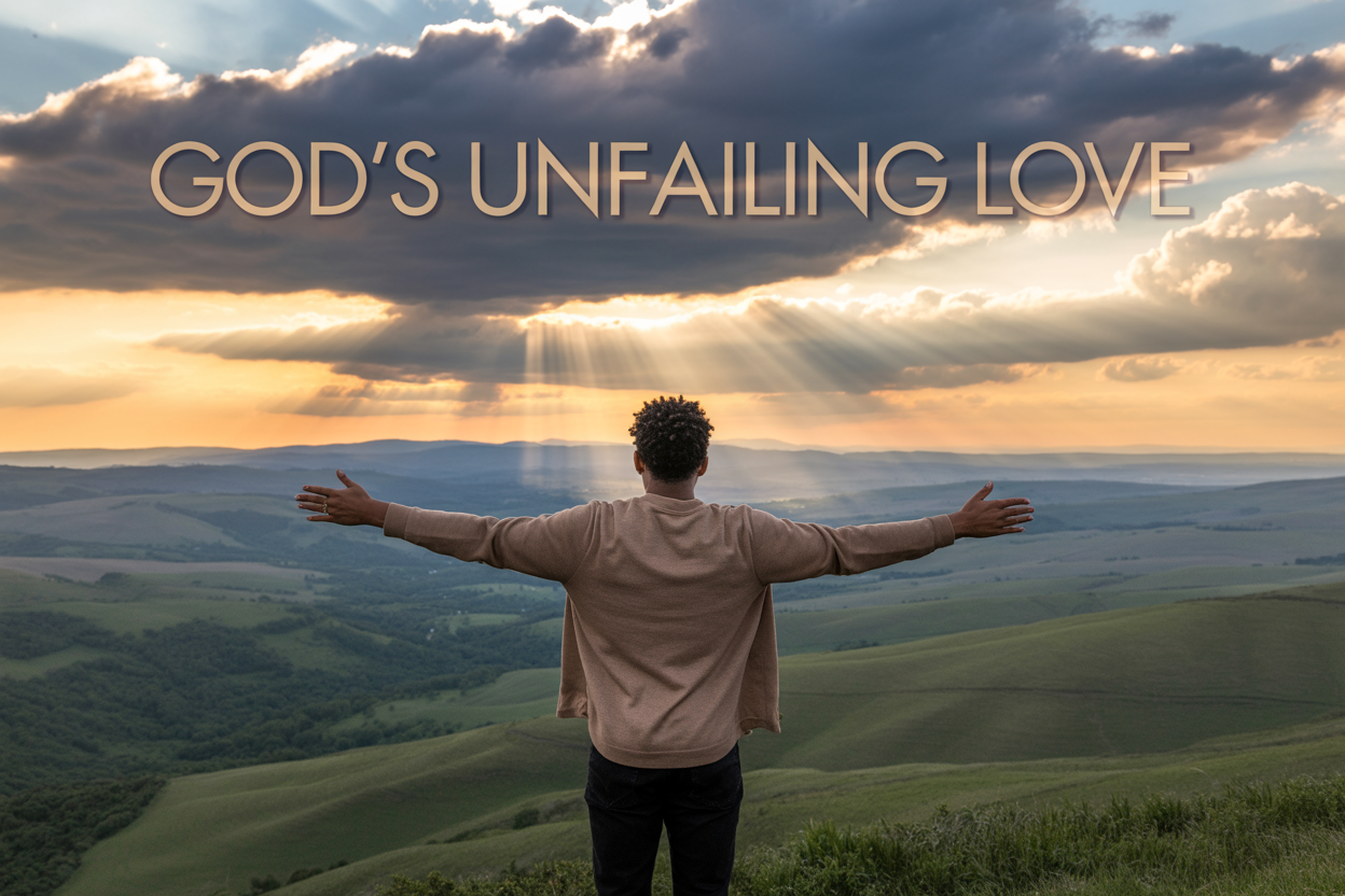 Create a realistic image of a serene landscape with a person of mixed race, gender-neutral, standing on a hilltop with arms gently outstretched toward a dramatic sky where dark storm clouds are parting to reveal warm golden sunlight breaking through, creating beautiful rays of light cascading down onto rolling green hills and a peaceful valley below, with the text "God's Unfailing Love" elegantly overlaid in warm golden letters across the sky, conveying hope, peace, and divine presence amidst life's uncertainties through soft, warm lighting that contrasts beautifully with the darker storm clouds.