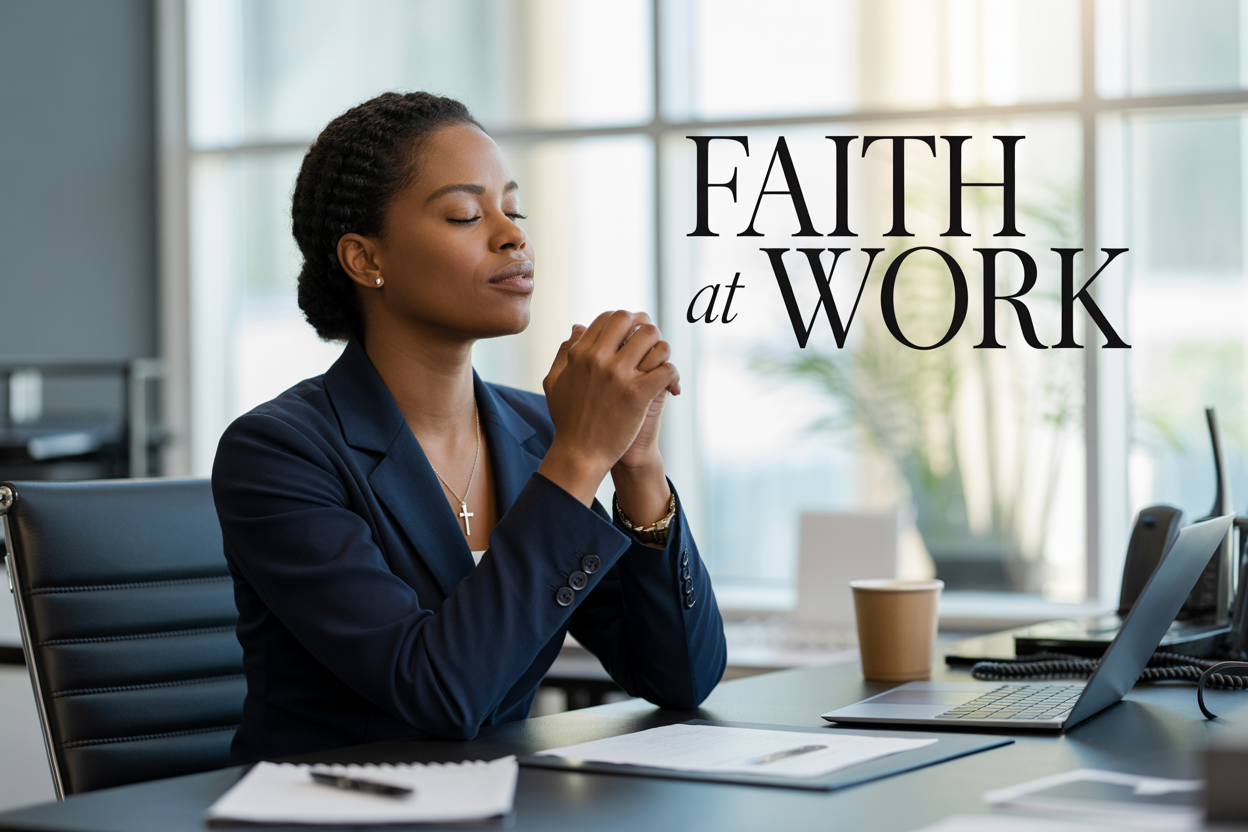 Create a realistic image of a professional black Christian woman in business attire sitting at a modern office desk with her hands gently clasped in prayer position, eyes closed peacefully, with a subtle cross necklace visible, surrounded by typical office elements like a laptop, documents, and coffee cup, soft natural lighting streaming through a window in the background creating a serene atmosphere, with the text "Faith at Work" elegantly displayed in the upper portion of the image in clean, professional typography.