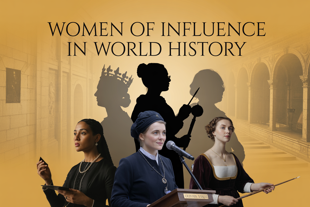 Create a realistic image of a diverse collage featuring silhouettes and portraits of influential women from different historical eras, including a white medieval queen wearing a crown, a black female scientist holding scientific instruments, an Asian female political leader at a podium, and a white female Renaissance artist with a paintbrush, arranged in an elegant composition against a golden gradient background with subtle historical architectural elements like columns and arches, soft warm lighting creating an inspiring and empowering mood, with the text "Women of Influence in World History" prominently displayed in elegant serif font at the top of the image.