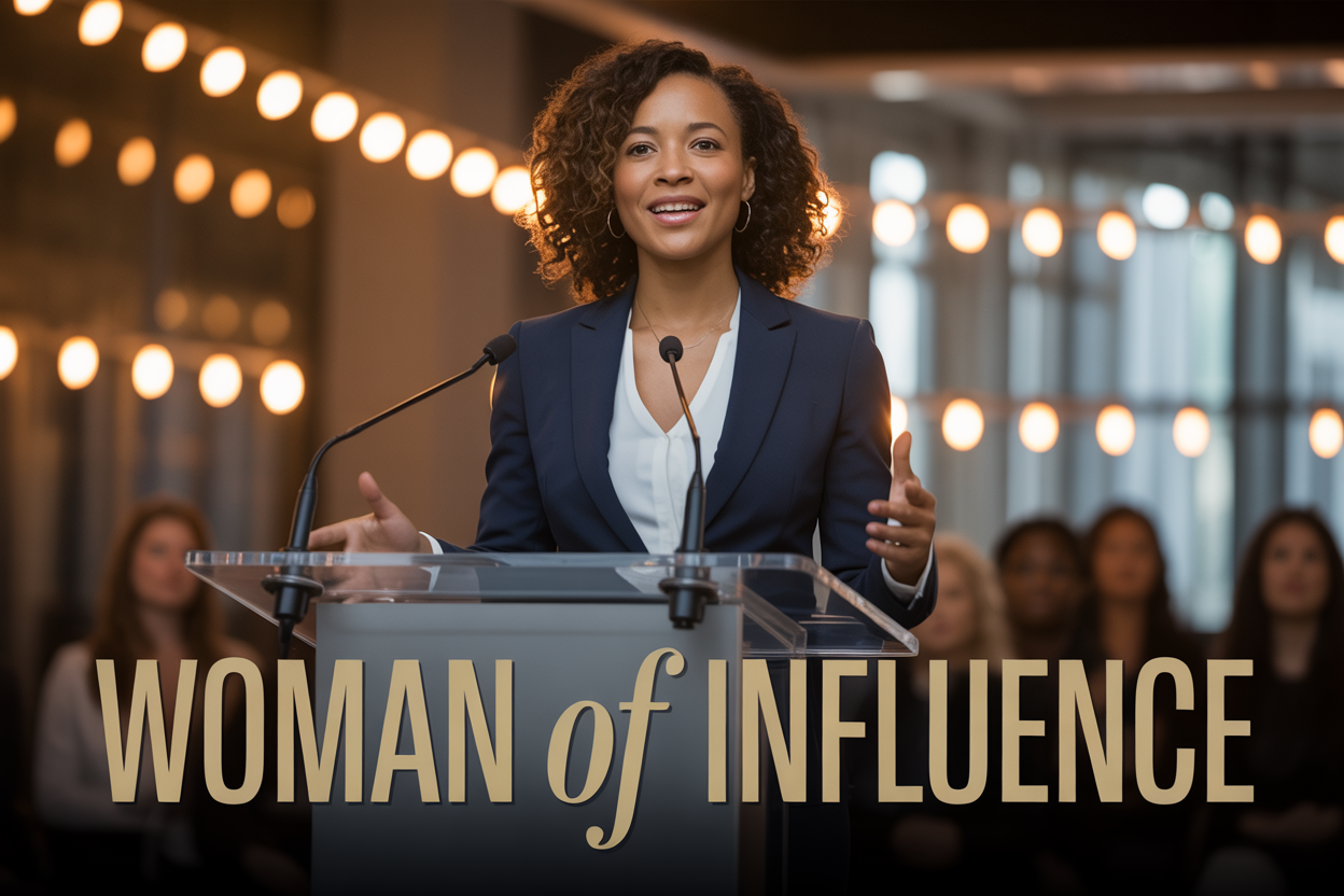 Create a realistic image of a confident black woman in professional attire standing at a modern conference podium, gesturing naturally while speaking to an audience, with warm stage lighting creating an inspiring atmosphere, blurred silhouettes of engaged audience members in the background, and the text "WOMAN OF INFLUENCE" displayed prominently in elegant gold lettering across the bottom of the image.