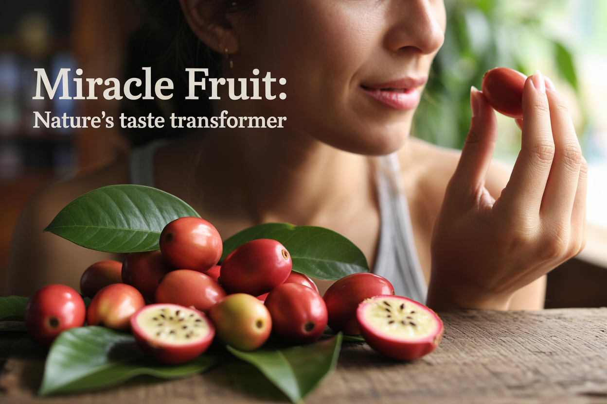 Create a realistic image of fresh miracle fruit berries (small red oval-shaped fruits) arranged on a wooden surface with some cut in half to show the interior, alongside green miracle fruit leaves, with a person's hand holding one berry near their mouth suggesting tasting, soft natural lighting from the side, warm and inviting mood, with the text "Miracle Fruit: Nature's Taste Transformer" elegantly overlaid in the upper portion of the image.