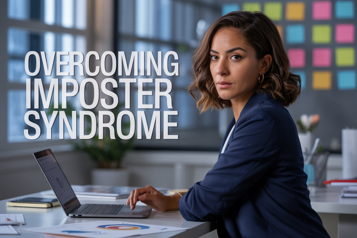 Create a realistic image of a confident professional woman of mixed race sitting at a modern office desk, looking directly at the camera with a determined expression, wearing a navy blue blazer, with a laptop open beside her, motivational sticky notes on a glass board in the background, soft natural lighting from a window creating an empowering atmosphere, with the text "Overcoming Imposter Syndrome" displayed prominently in elegant white typography in the upper portion of the image.
