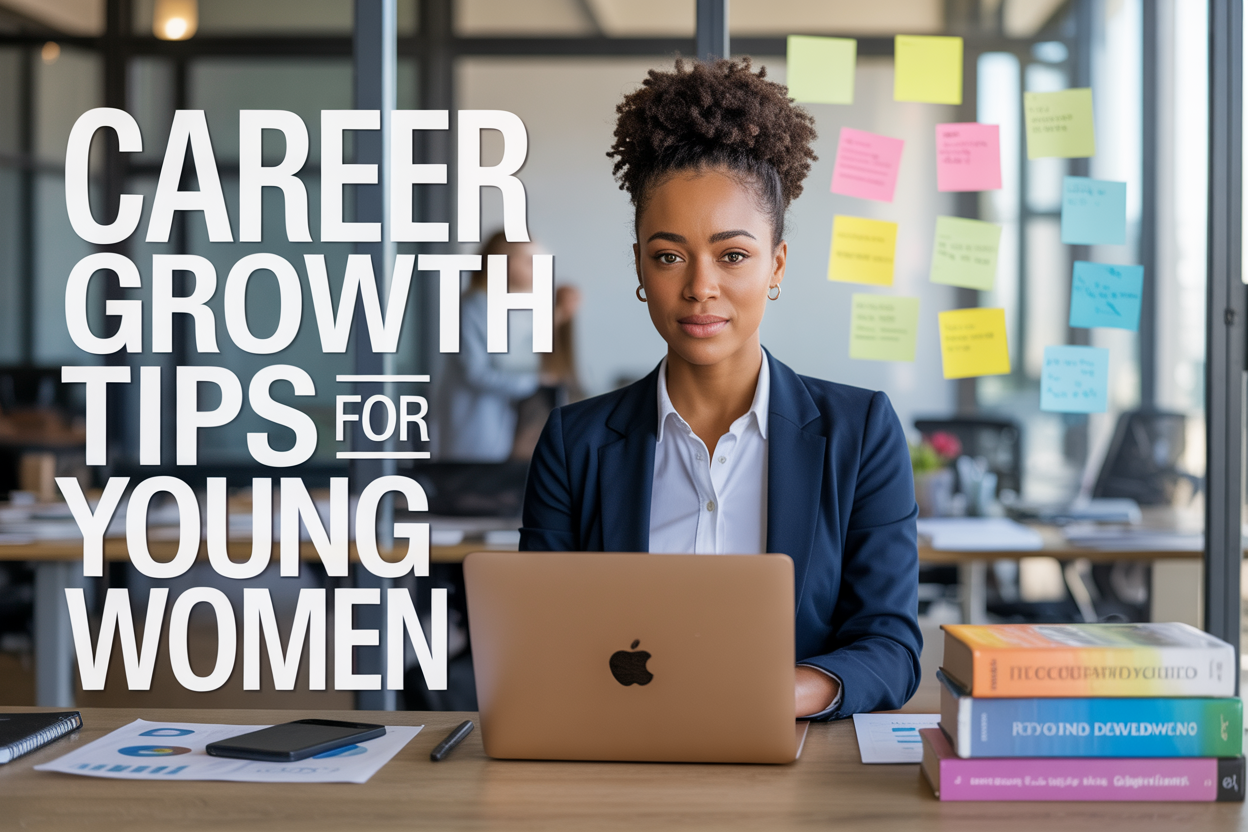 Create a realistic image of a confident young Black woman in professional business attire sitting at a modern office desk with a laptop, surrounded by career development books and motivational sticky notes, with a bright office background featuring large windows and natural lighting, including the text "Career Growth Tips for Young Women" prominently displayed in elegant typography, conveying an atmosphere of ambition, professionalism, and empowerment.
