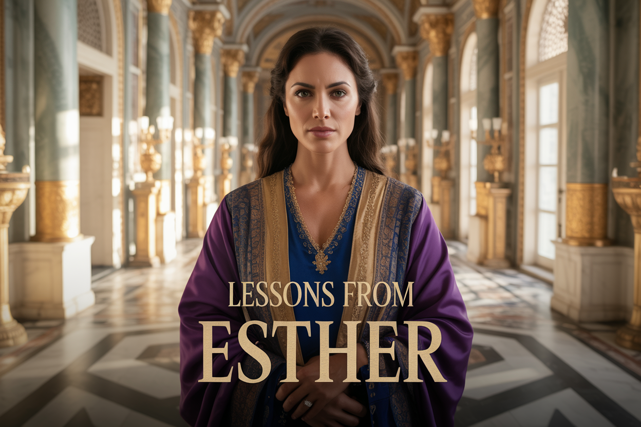 Create a realistic image of an elegant Middle Eastern woman with olive skin and dark hair wearing royal purple and gold ancient Persian garments, standing confidently in an ornate palace throne room with marble columns and golden decorative elements, soft warm lighting filtering through tall windows creating a regal atmosphere, with the text "Lessons From Esther" overlaid in elegant gold lettering, conveying courage, wisdom, and divine purpose through her determined yet graceful expression.