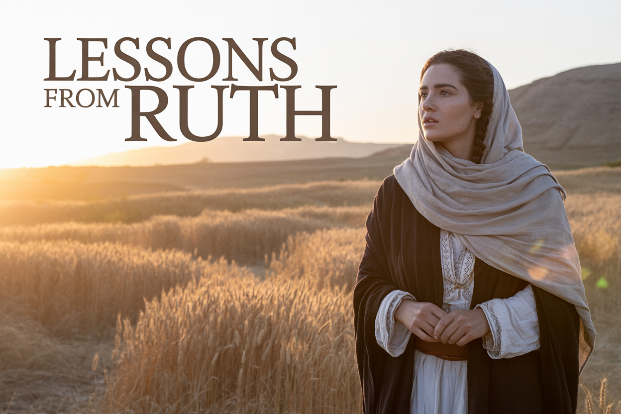 Create a realistic image of a Middle Eastern woman in biblical-era clothing standing in a golden wheat field at sunset, her face showing determination and faith as she looks toward the horizon, with warm golden lighting casting a peaceful glow over the scene, ancient hills visible in the background, and the text "Lessons From Ruth" elegantly overlaid in the upper portion of the image.