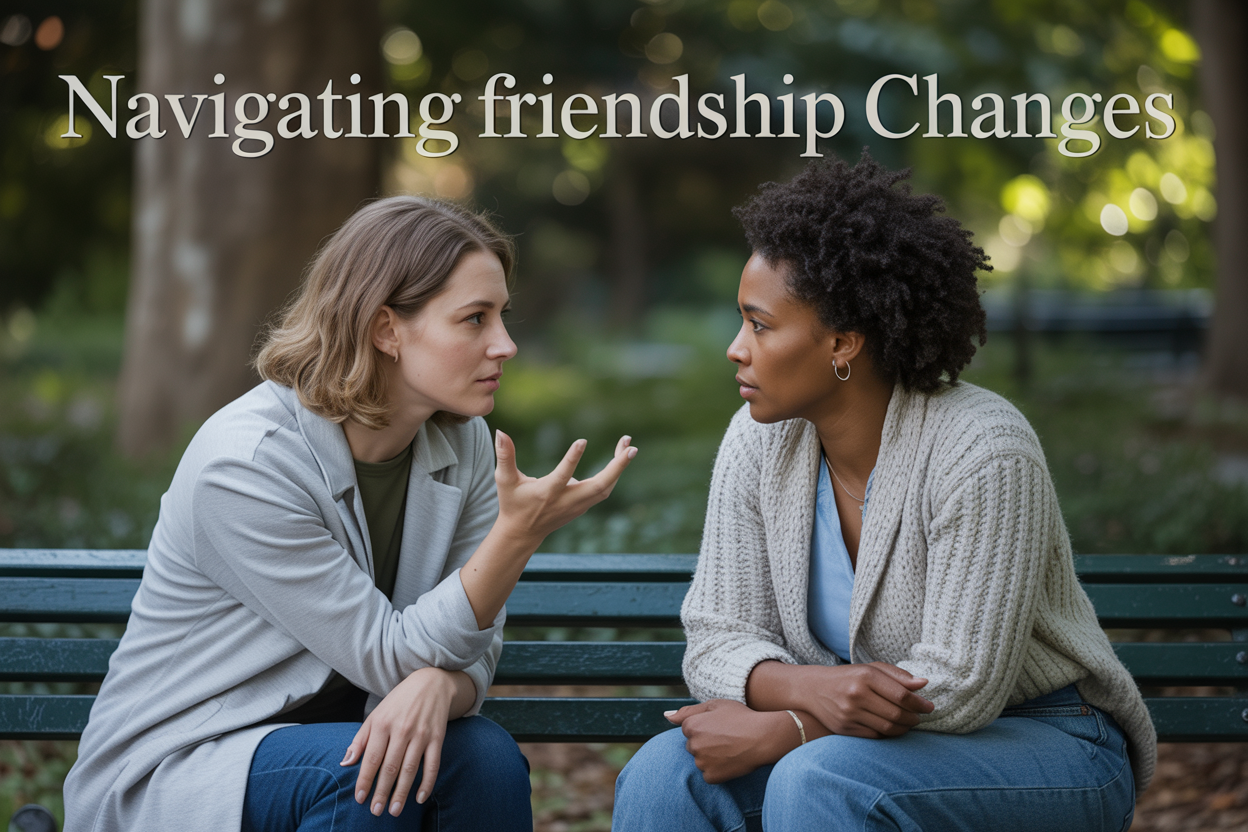 Create a realistic image of two women of different races (one white, one black) sitting on a park bench having an intimate conversation, with one woman gesturing gently while the other listens thoughtfully, surrounded by a peaceful garden setting with soft natural lighting filtering through trees, conveying a mood of reflection and emotional depth, with the text "Navigating Friendship Changes" elegantly overlaid in modern sans-serif font at the top of the image.