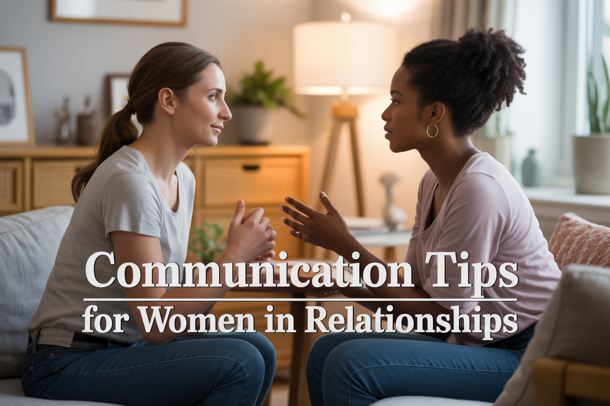 Create a realistic image of two women sitting facing each other in a comfortable, softly lit living room setting - one white woman and one black woman - engaged in an intimate, supportive conversation, with warm natural lighting from a nearby window, cozy furniture in neutral tones, and the text "Communication Tips for Women in Relationships" elegantly overlaid in modern typography, conveying a sense of trust, openness, and emotional connection between the two friends discussing relationship advice.