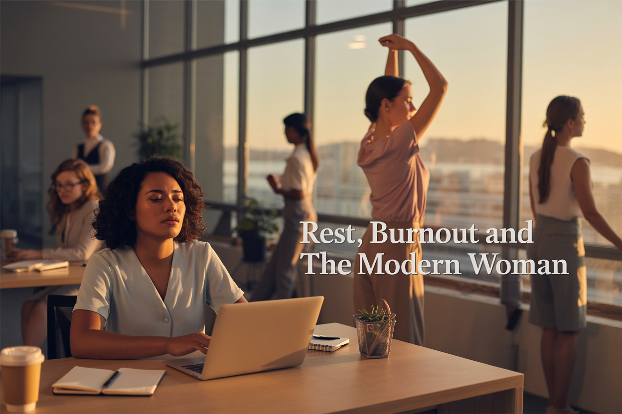 Create a realistic image of a diverse group of professional women of different races (white, black, Hispanic, Asian) in a modern office setting, with one woman in the foreground looking exhausted while working late at her laptop, another woman in the background practicing self-care by stretching or meditating, warm golden hour lighting streaming through large windows creating a contrast between burnout and balance, with the text "Rest, Burnout and the Modern Woman" elegantly overlaid in modern typography, including subtle elements like coffee cups, notebooks, and plants to represent the workplace environment, conveying both the struggle and hope of finding work-life balance.