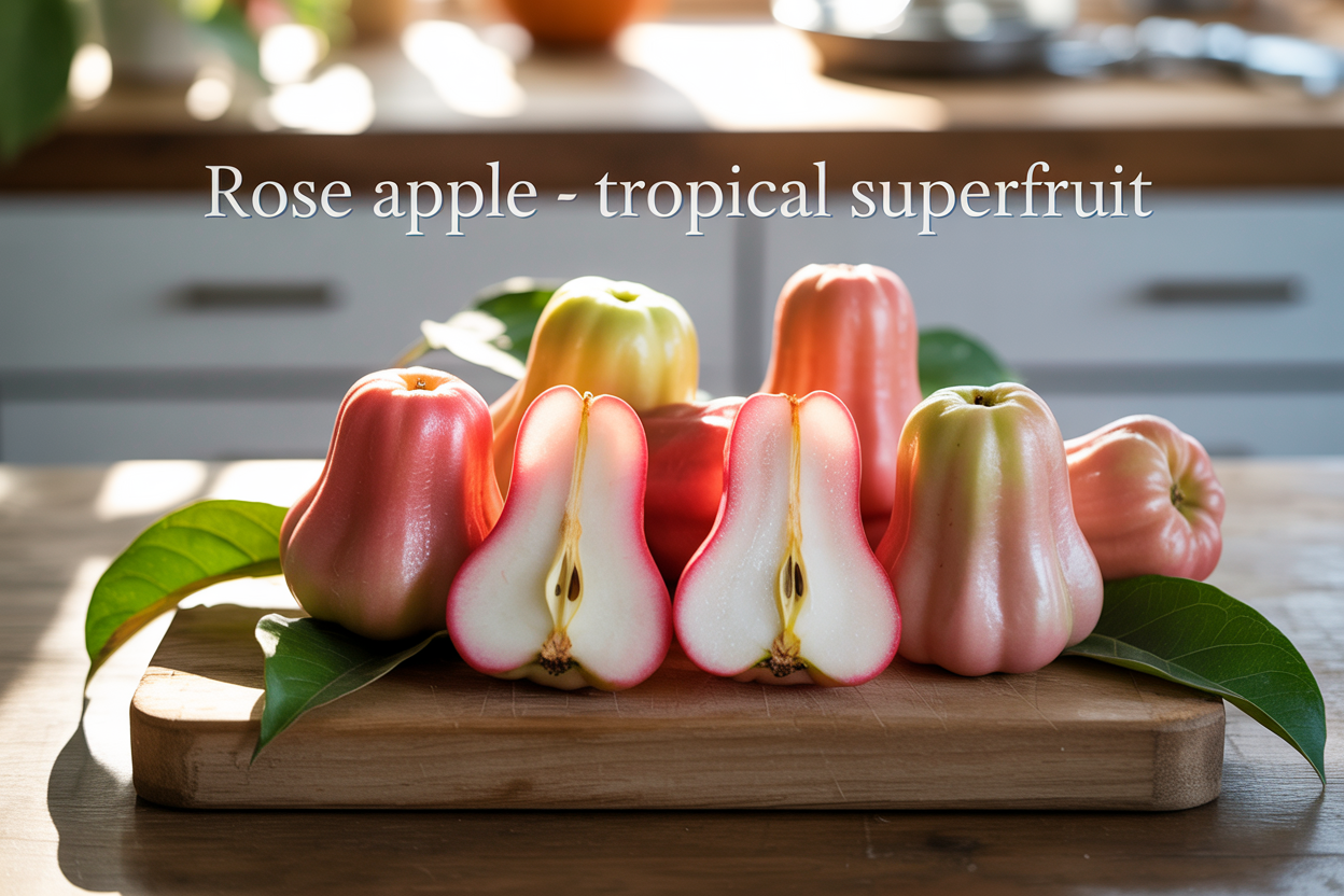 Create a realistic image of fresh rose apple fruits arranged on a rustic wooden cutting board, with some whole pink-white bell-shaped fruits and others cut in half to show the white crisp flesh inside, surrounded by green leaves, soft natural lighting from above creating gentle shadows, with the text "Rose Apple - Tropical Superfruit" elegantly overlaid in the top portion of the image, clean kitchen background slightly blurred, emphasizing the fruit's unique waxy appearance and distinctive bell shape.