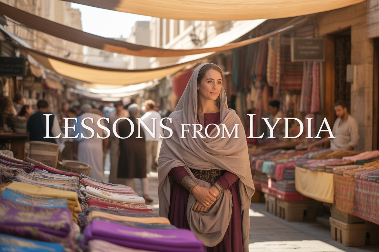 Create a realistic image of a Middle Eastern woman in ancient biblical clothing standing in a bustling marketplace with colorful purple fabric and textiles displayed around her, warm golden sunlight filtering through market canopies, other diverse merchants and customers in the background, ancient stone buildings visible, with the text "Lessons From Lydia" elegantly overlaid in serif font, conveying an atmosphere of prosperity, faith, and community hospitality in a first-century setting.
