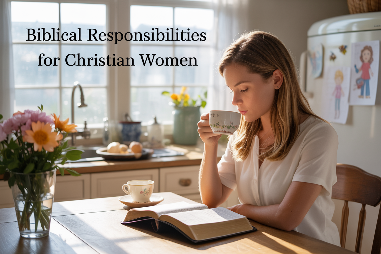 Create a realistic image of a white female in her 30s sitting at a wooden kitchen table reading an open Bible, with soft morning sunlight streaming through a window, a cup of tea beside her, fresh flowers in a vase, and children's drawings visible on a refrigerator in the background, with the text "Biblical Responsibilities for Christian Women" overlaid in elegant serif font at the top of the image, conveying a peaceful and nurturing home atmosphere.
