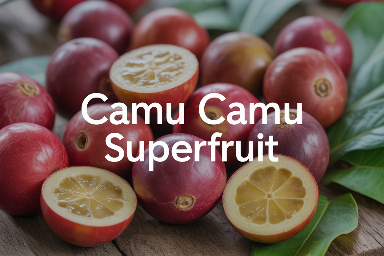 Create a realistic image of fresh camu camu fruits in their natural state, showing both whole round purple-red fruits and cut-open halves revealing the pale yellow flesh inside, arranged on a rustic wooden surface with some camu camu leaves scattered around, soft natural lighting highlighting the vibrant colors and texture of the superfruit, with the text "CAMU CAMU SUPERFRUIT" elegantly overlaid in modern sans-serif font, creating a clean and appetizing presentation that emphasizes the exotic nature and nutritional value of this Amazonian fruit.