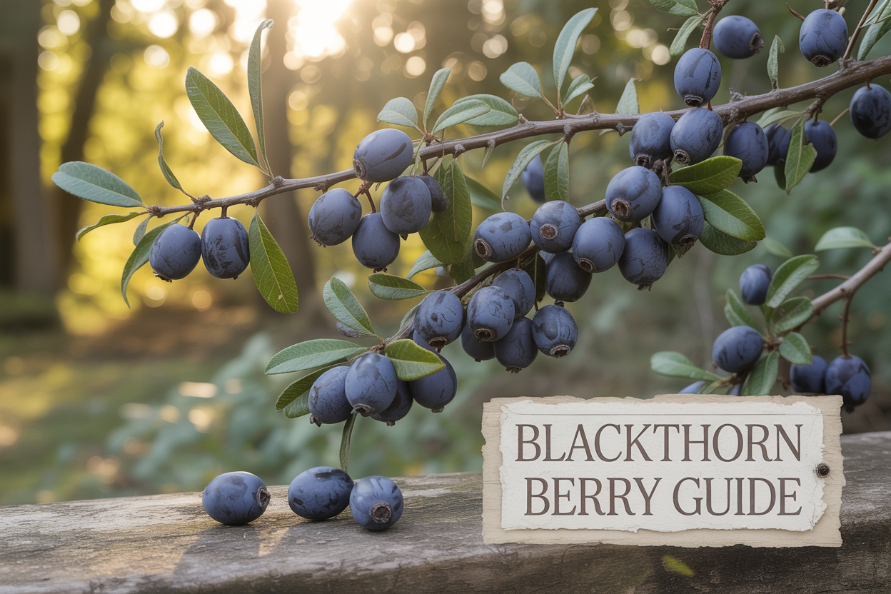 Create a realistic image of fresh dark purple blackthorn berries (sloes) clustered on thorny branches with small oval leaves, set against a soft-focus natural woodland background with warm golden sunlight filtering through, alongside a few loose berries scattered on weathered wood surface, with elegant text overlay reading "Blackthorn Berry Guide" in natural earth-toned typography.