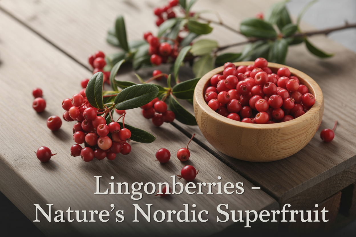 Create a realistic image of fresh lingonberries scattered on a rustic wooden surface with some berries still attached to green leafy branches, alongside a small wooden bowl filled with bright red lingonberries, soft natural lighting from above creating gentle shadows, clean Scandinavian-style background with subtle Nordic elements, and elegant text overlay reading "Lingonberries - Nature's Nordic Superfruit" in modern serif font.