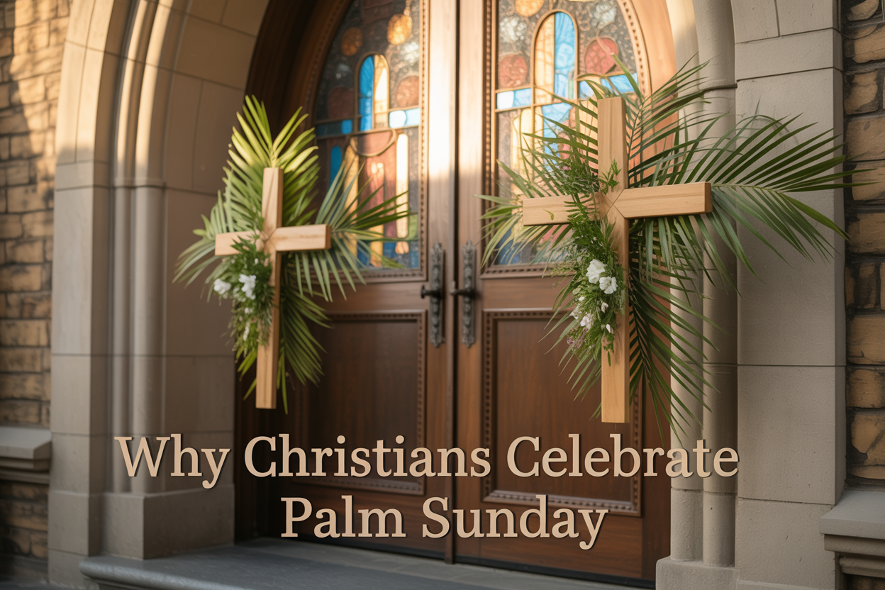 Create a realistic image of a beautiful stone church entrance with ornate wooden doors adorned with fresh green palm branches and fronds arranged in decorative crosses, warm golden sunlight streaming through stained glass windows casting colorful light on the palm decorations, with the text "Why Christians Celebrate Palm Sunday" elegantly overlaid in serif font at the bottom of the image, peaceful and reverent atmosphere with soft lighting highlighting the sacred Christian symbolism of the palm branches.