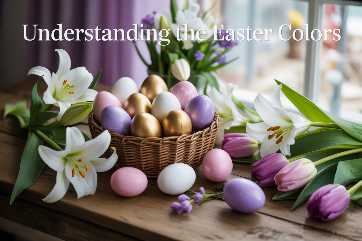 Create a realistic image of an elegant Easter color palette display featuring traditional Easter eggs in purple, white, gold, and pink arranged on a rustic wooden table, surrounded by fresh spring flowers like white lilies and purple tulips, with soft natural lighting streaming through a window, and the text "Understanding the Easter Colors" overlaid in elegant serif font at the top of the image.