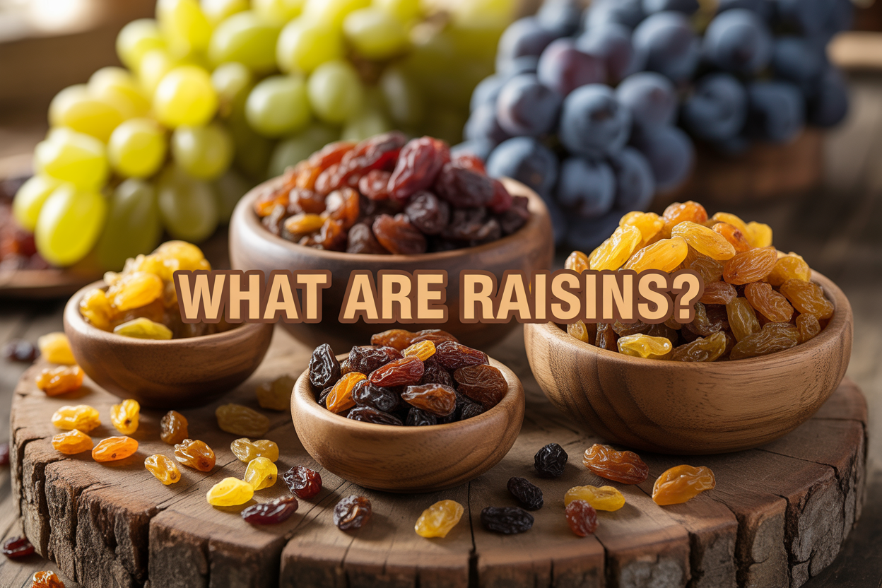 Create a realistic image of various types of raisins scattered on a rustic wooden surface, including golden raisins, dark raisins, and sultanas in small wooden bowls and loose clusters, with fresh grapes in the background showing the transformation process, soft natural lighting from above, and the text "What Are Raisins?" elegantly displayed in warm brown lettering overlaid on the image.