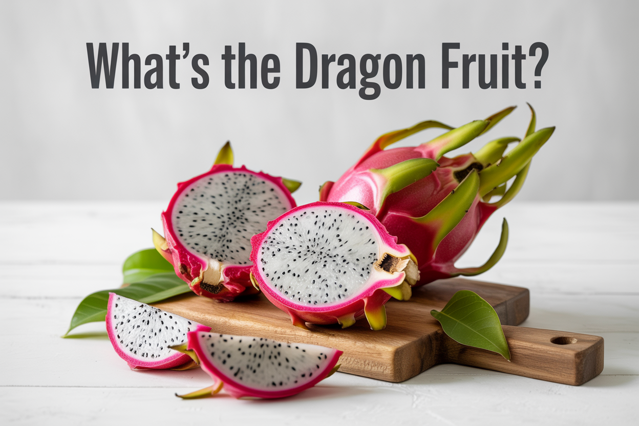 Create a realistic image of a whole dragon fruit and halved dragon fruit displaying the white flesh with black seeds placed on a rustic wooden cutting board, surrounded by scattered dragon fruit slices, with vibrant pink and green dragon fruit skin prominently featured, complemented by fresh green leaves, set against a clean white background with soft natural lighting, and include the text "What's The Dragon Fruit?" in modern, bold typography positioned at the top of the image.