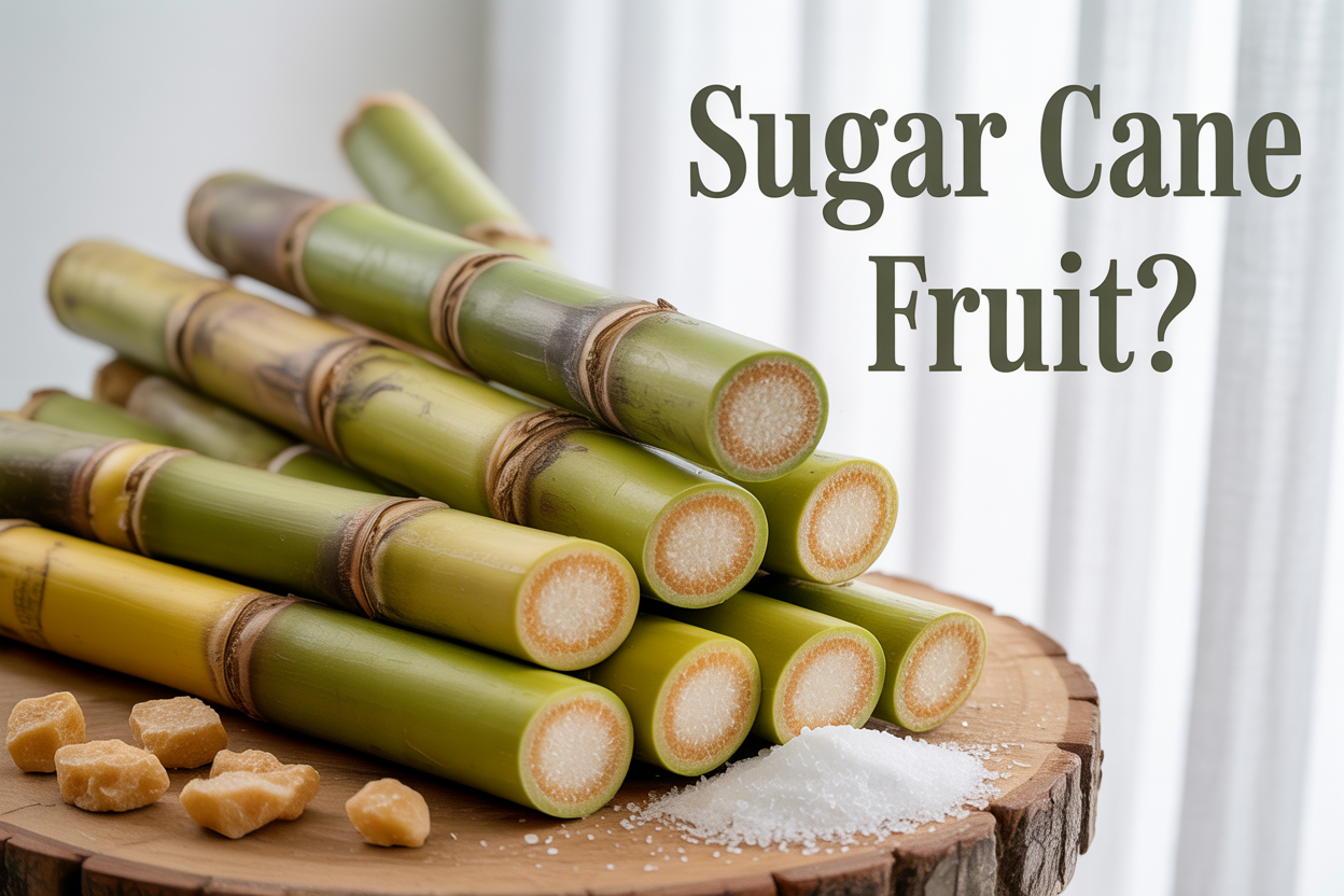 Create a realistic image of fresh sugar cane stalks arranged prominently in the foreground, showing their distinctive segmented bamboo-like structure with natural green and yellow coloring, some cut to reveal the white fibrous interior, placed on a rustic wooden surface with scattered raw sugar crystals around them, soft natural lighting from the side creating gentle shadows, clean white background fading behind the arrangement, with the text "Sugar Cane Fruit?" overlaid in elegant dark green typography in the upper right corner.