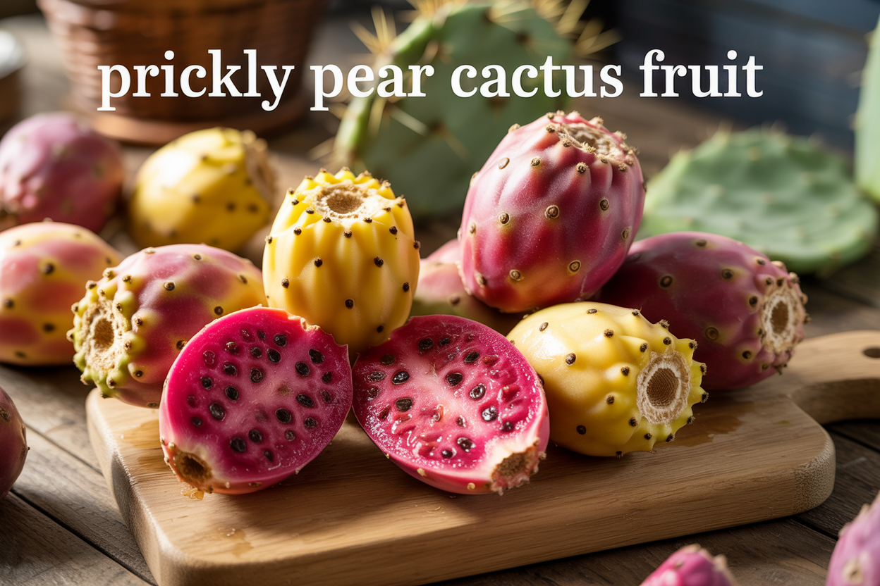 Create a realistic image of fresh prickly pear cactus fruits in vibrant magenta and yellow colors arranged on a rustic wooden cutting board, with whole and halved fruits showing the juicy interior with black seeds, a few prickly pear cactus pads in the background, warm natural lighting casting soft shadows, and the text "Prickly Pear Cactus Fruit" elegantly overlaid in clean white font at the top of the image.