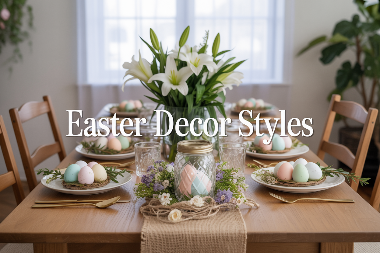 Create a realistic image of an elegant Easter tablescape featuring a beautiful wooden dining table with various Easter decorating styles showcased across different sections: traditional pastel eggs and white lilies, modern minimalist geometric decorations in soft colors, rustic burlap runners with mason jar centerpieces, bohemian macramé and dried flowers, and fresh greenery representing outdoor garden elements, with soft natural lighting streaming through a window, and overlay text reading "Easter Decor Styles" in elegant serif font.