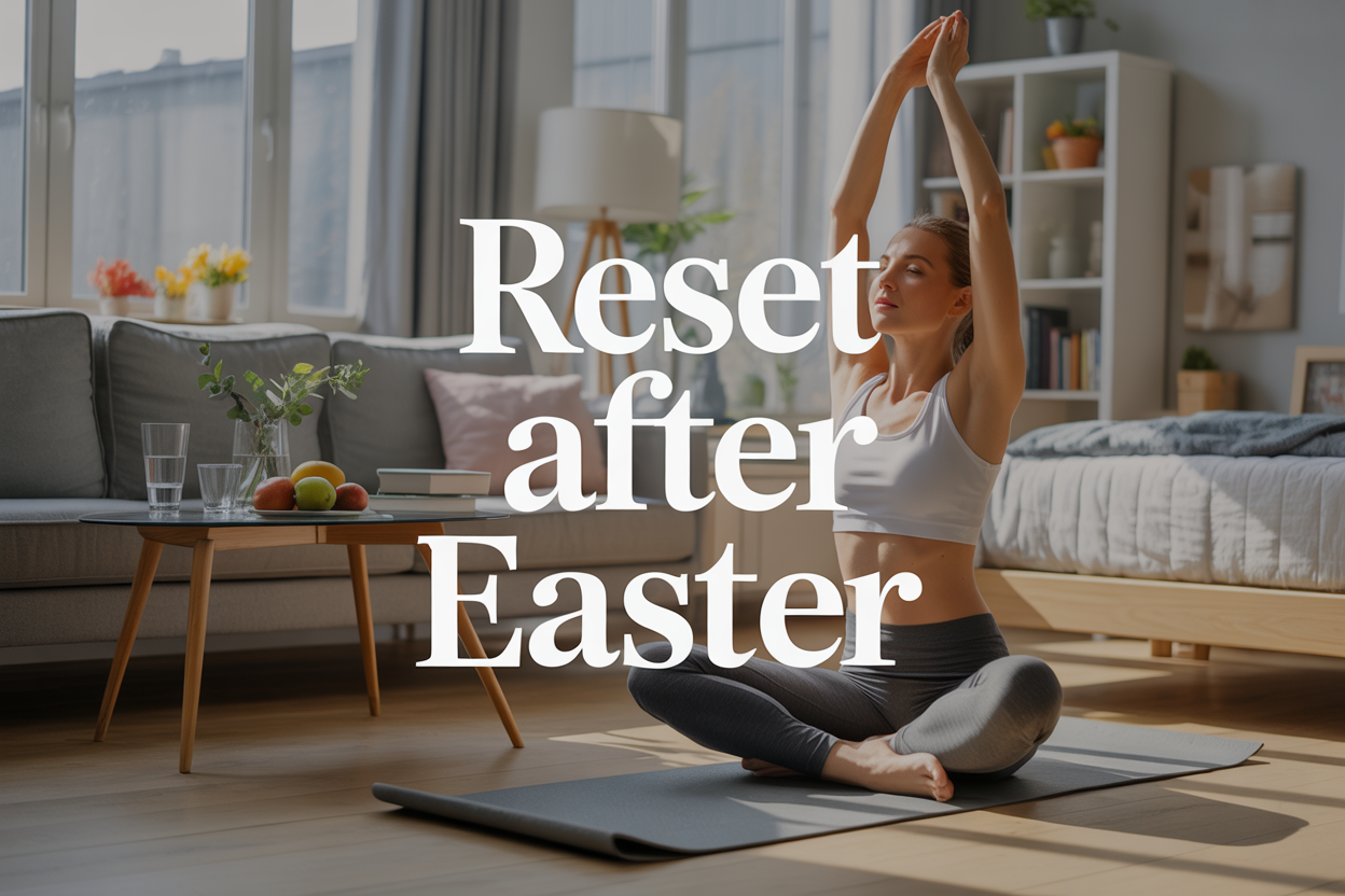 Create a realistic image of a clean, organized modern living room with soft morning sunlight streaming through windows, featuring a white female in her 30s in comfortable athleisure wear doing light stretching on a yoga mat, with a neatly made bed visible in the background, fresh fruits and water on a side table, a tidy bookshelf, and subtle spring decorations, with the text "Reset After Easter" elegantly overlaid in clean, modern typography, conveying a sense of renewal, wellness, and fresh beginnings with warm, optimistic lighting.