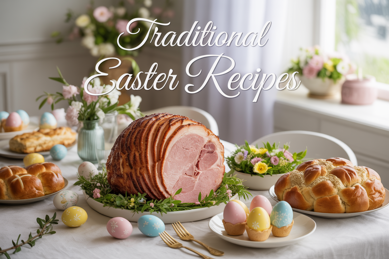 Create a realistic image of an elegant Easter dining table spread featuring a golden glazed ham as the centerpiece, surrounded by traditional Easter foods including decorated colorful eggs, fresh hot cross buns, a beautiful braided Easter bread, spring salad with fresh greens, and pastel-colored Easter desserts, all arranged on a white tablecloth with soft natural lighting from a nearby window, decorated with fresh spring flowers and pastel Easter decorations, with the text "Traditional Easter Recipes" elegantly displayed in script font overlaying the top portion of the image.