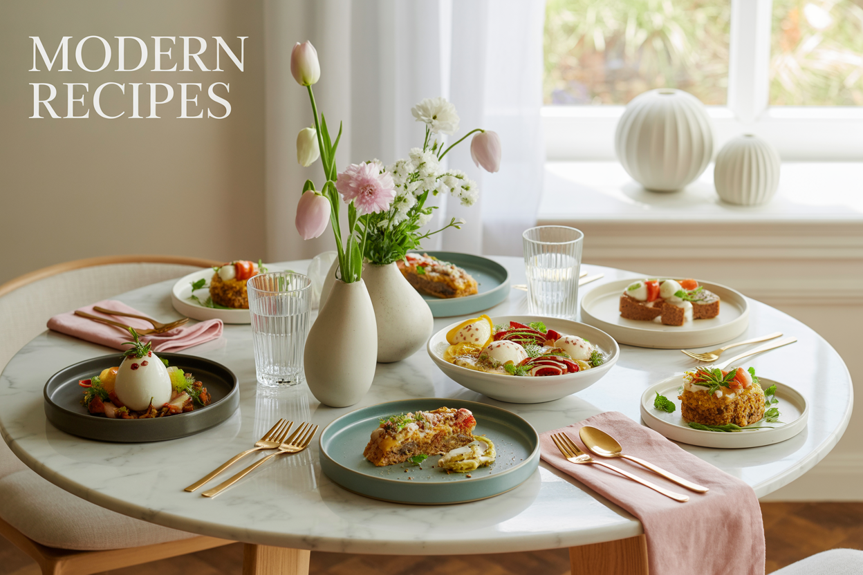 Create a realistic image of an elegant Easter brunch table setting featuring modern plated dishes including contemporary appetizers, reimagined traditional Easter main course, and stylish side dishes arranged on a white marble table with fresh spring flowers, pastel-colored linens, and natural sunlight streaming through a window, with the text "Modern Easter Recipes" elegantly displayed in the scene.