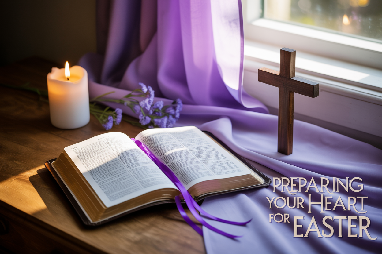 Create a realistic image of an open Bible with purple ribbon bookmark placed on a wooden table next to a simple wooden cross, surrounded by soft purple Lenten cloth, a lit white candle casting warm light, and small purple flowers, with gentle morning sunlight streaming through a window in the background creating a peaceful, contemplative atmosphere, and elegant text overlay reading "Preparing Your Heart for Easter" in gold lettering.