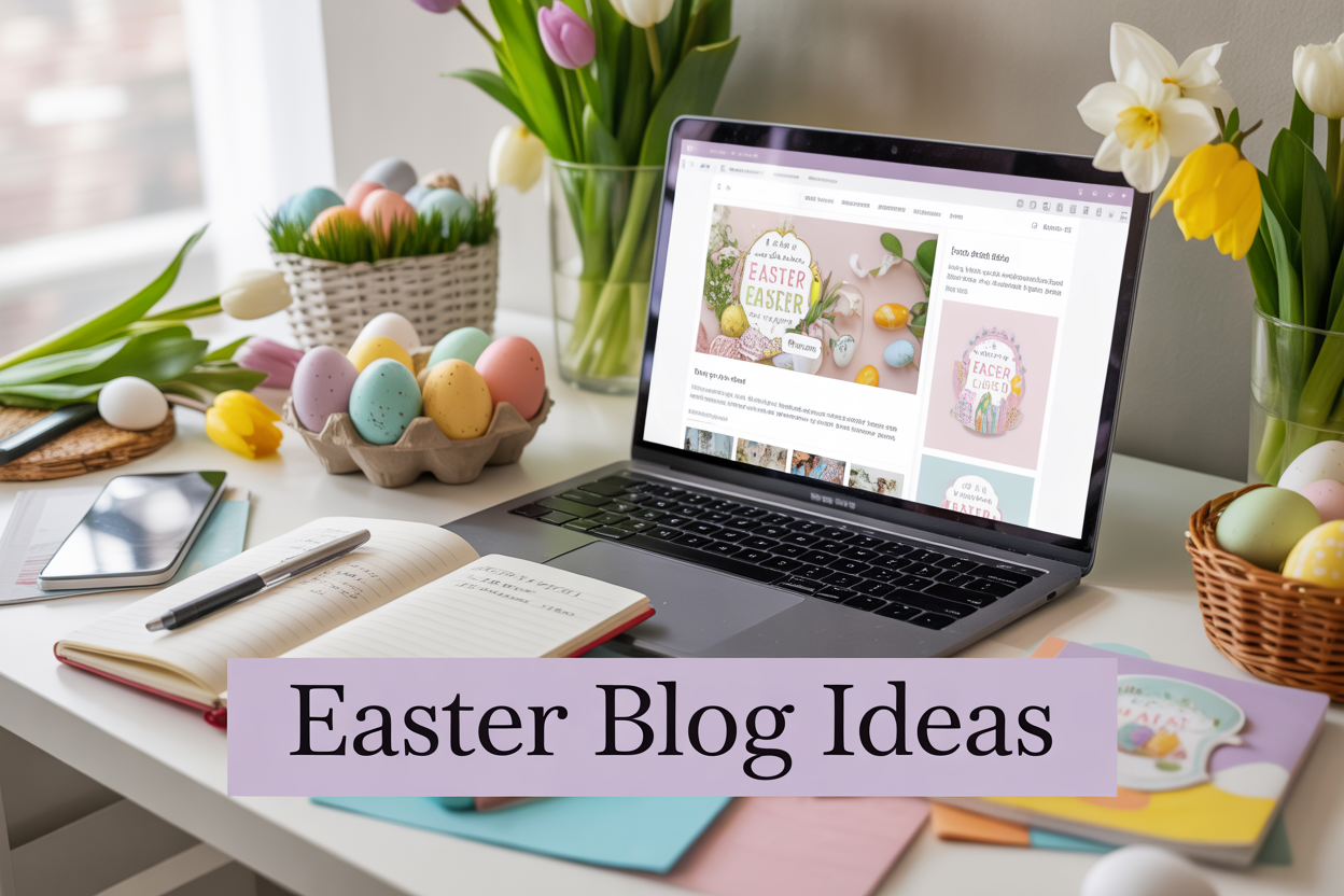 Create a realistic image of a modern desk workspace with an open laptop displaying a colorful Easter-themed blog interface, surrounded by spring elements including pastel colored Easter eggs, fresh tulips and daffodils, a notebook with handwritten blog ideas, and scattered marketing materials, with soft natural lighting from a nearby window creating a warm spring atmosphere, and overlay text reading "Easter Blog Ideas" in elegant typography.