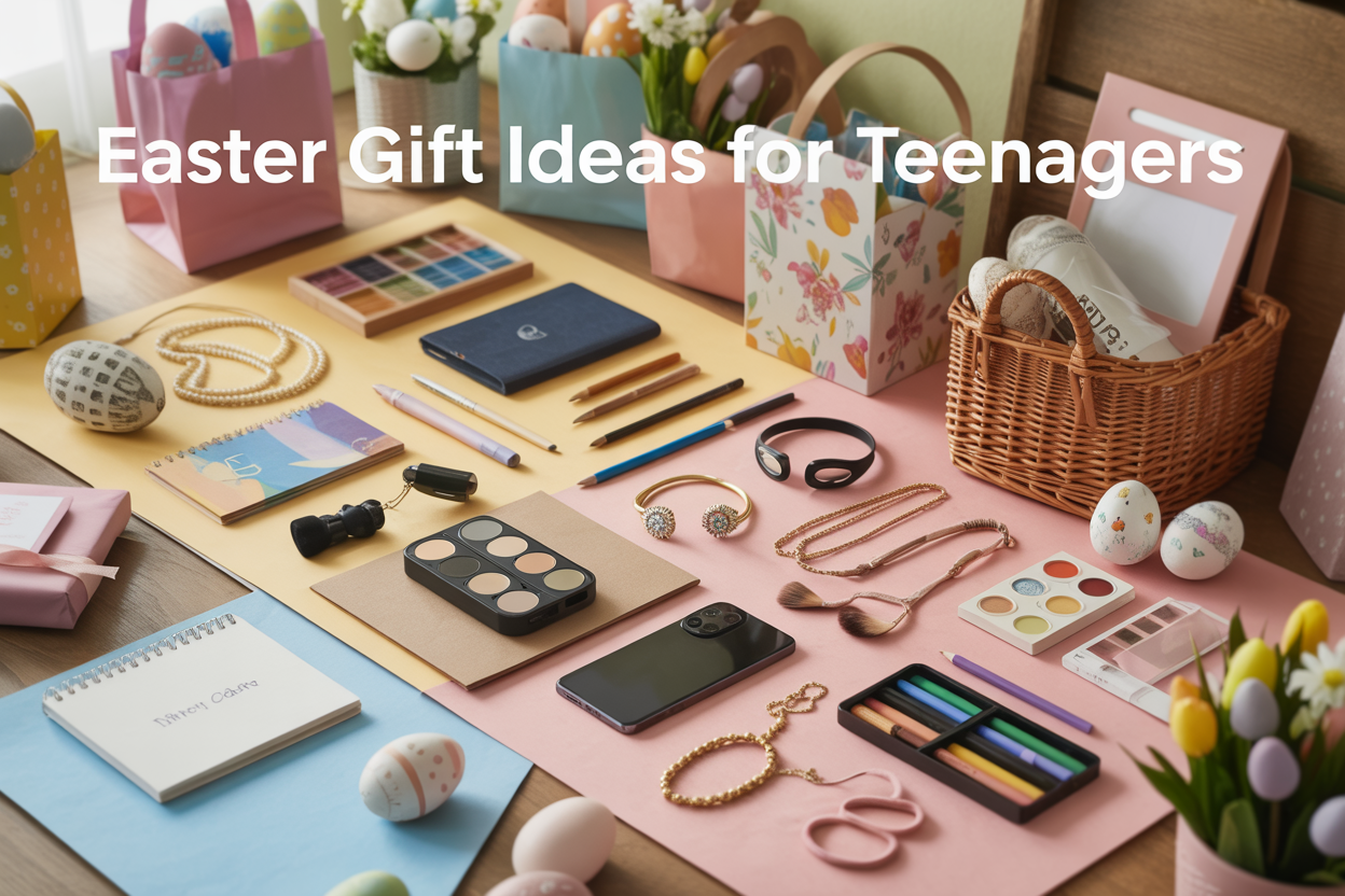 Create a realistic image of a diverse collection of Easter gifts for teenagers arranged on a pastel-colored wooden table, including wireless earbuds, a smartphone, trendy jewelry, makeup palettes, art supplies like sketchbooks and colored pencils, gift cards, and a stylish backpack, with some items placed in colorful Easter-themed gift bags and baskets, surrounded by subtle Easter decorations like painted eggs and spring flowers, shot from above with soft natural lighting creating a warm and inviting atmosphere, with the text "Easter Gift Ideas for Teenagers" elegantly displayed across the top of the image in modern typography.