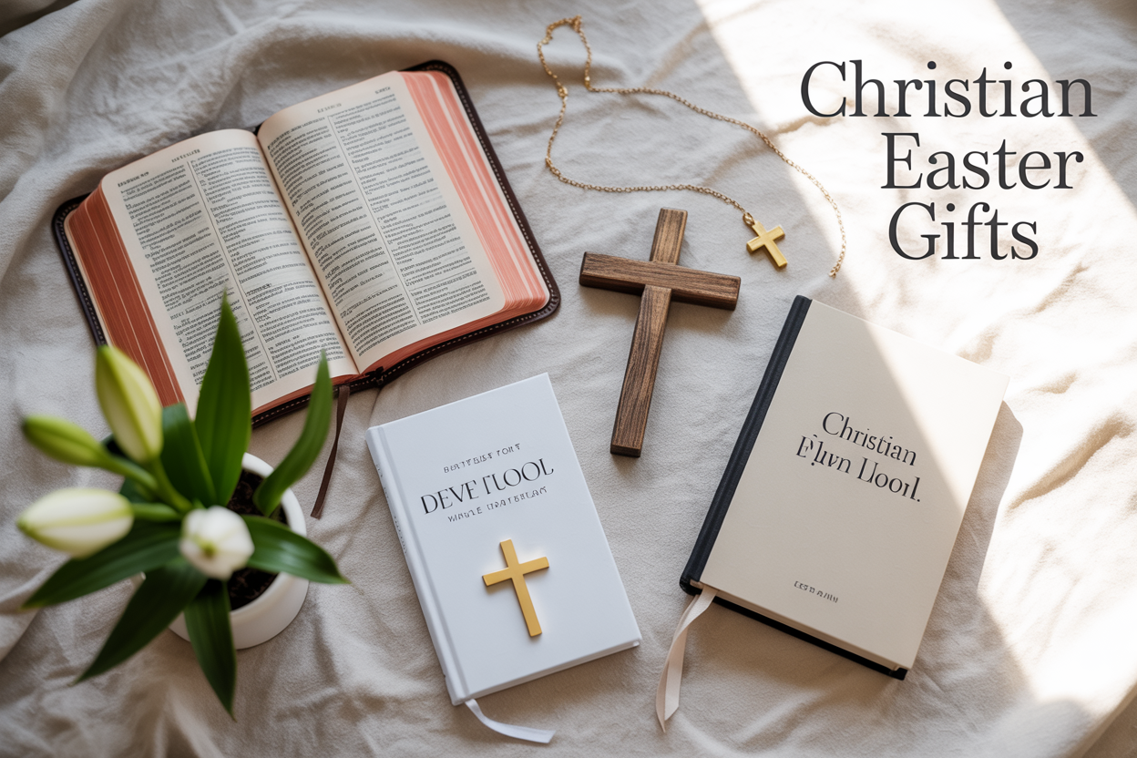 Create a realistic image of an elegant flat lay arrangement featuring Easter gifts for young adults including an open Bible with highlighted verses, a delicate gold cross necklace, a small potted white lily, a modern devotional book, a wooden cross home decor piece, and a stylish Christian-themed journal scattered on a soft white linen surface with warm natural lighting from above, with the text "Christian Easter Gifts" in elegant serif font positioned in the top right corner.