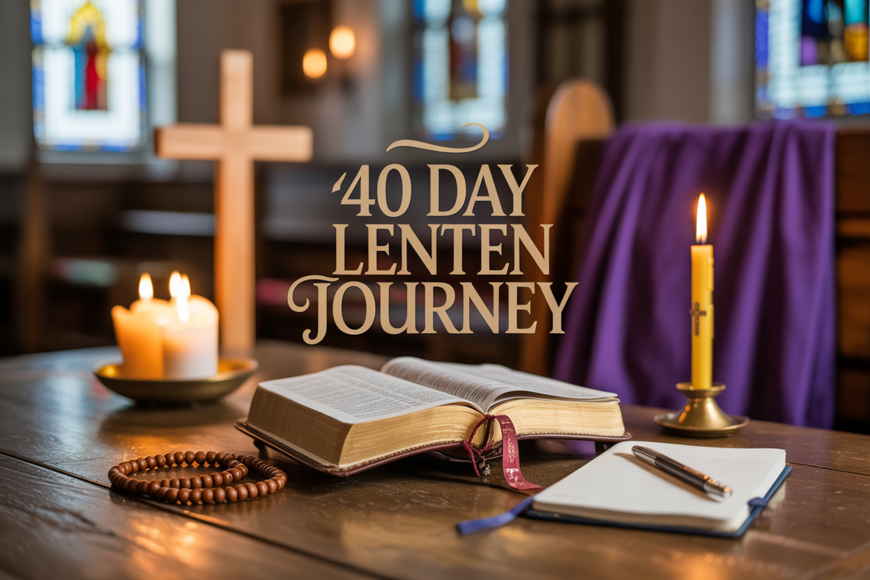 Create a realistic image of a serene prayer and meditation scene with a worn leather-bound Bible open on a wooden table, surrounded by a simple wooden cross, lit candles casting warm golden light, purple fabric draped in the background symbolizing Lent, scattered prayer beads, and a journal with a pen beside it, all set against a softly blurred church interior background with stained glass windows filtering natural light, with the text "40 Day Lenten Journey" elegantly overlaid in warm gold lettering, creating a peaceful and contemplative atmosphere that conveys spiritual reflection and devotion.