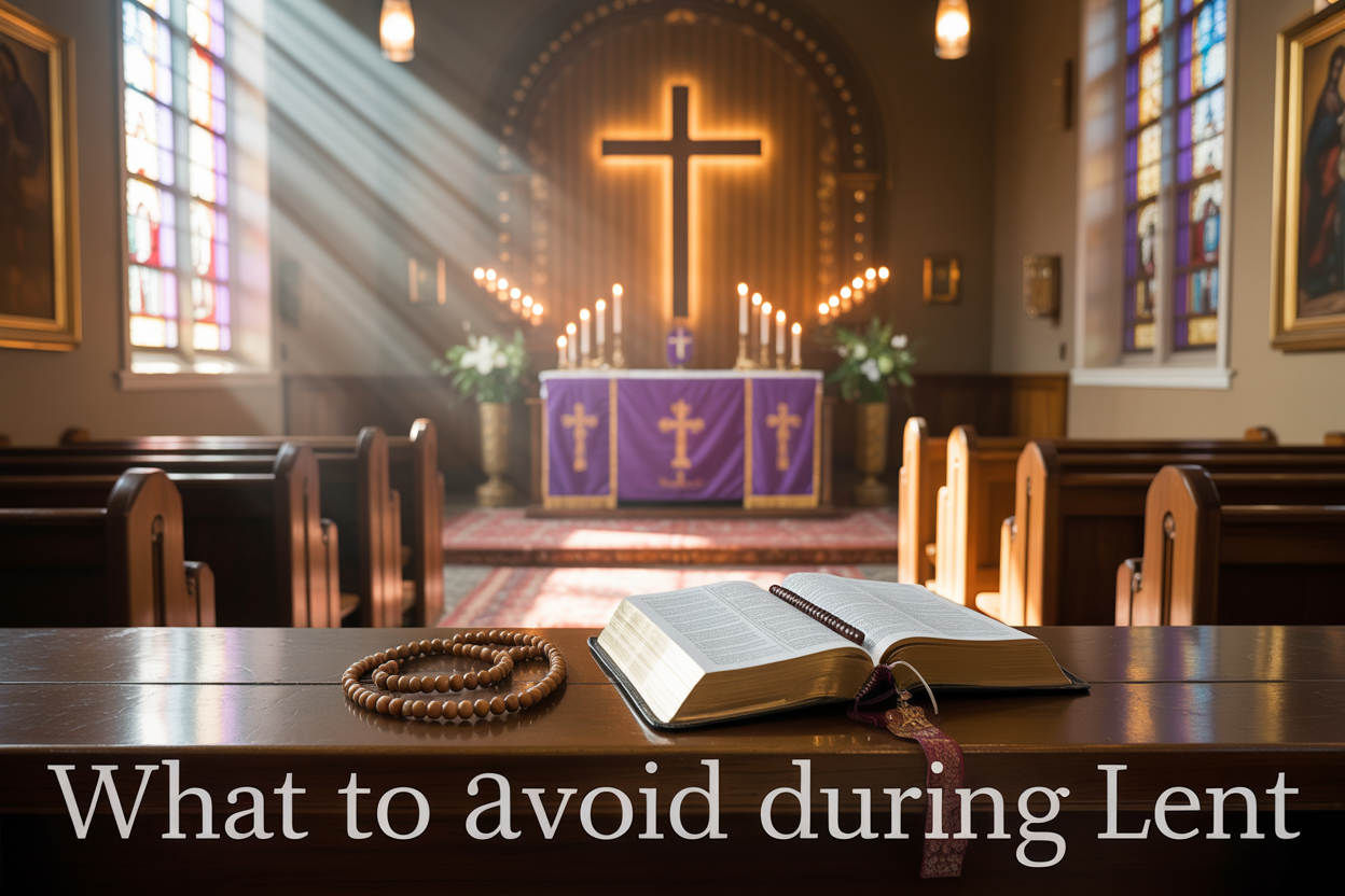 Create a realistic image of a serene church interior with warm golden lighting streaming through stained glass windows, featuring a wooden cross prominently displayed on the altar, surrounded by purple Lenten cloths and candles, with an open Bible and prayer beads placed on a wooden pew in the foreground, creating a peaceful and contemplative atmosphere that conveys spiritual reflection and devotion, with the text "What to Avoid During Lent" elegantly overlaid in white serif font at the bottom of the image.