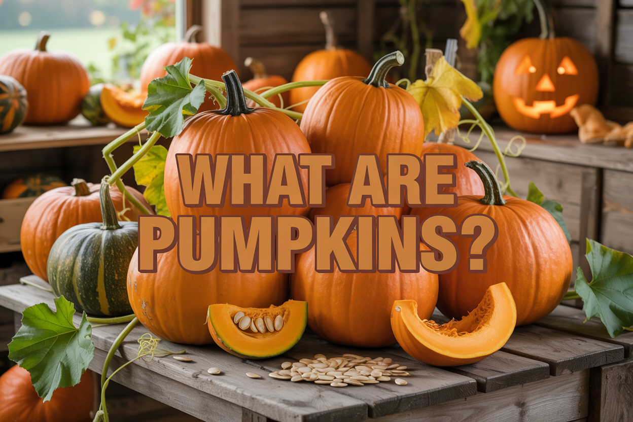 Create a realistic image of a vibrant autumn scene featuring multiple whole orange pumpkins of various sizes arranged on rustic wooden planks, with some cut pumpkin slices showing the orange flesh and seeds, surrounded by green pumpkin leaves and vines, a small pile of pumpkin seeds, and a carved jack-o'-lantern in the background, set against a warm farmhouse kitchen or market stall setting with soft natural lighting, overlaid with the text "What Are Pumpkins?" in bold, earthy brown lettering.