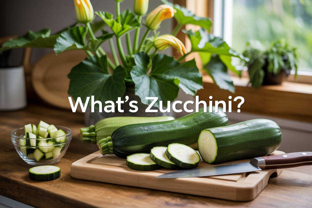 Create a realistic image of fresh whole zucchini and sliced zucchini rounds arranged on a rustic wooden cutting board, with vibrant green zucchini plants with yellow flowers in the background, soft natural lighting from a kitchen window, accompanied by a small bowl of diced zucchini and a chef's knife, with the text "What's Zucchini?" elegantly overlaid in clean white font, creating a warm and inviting culinary atmosphere that showcases zucchini as a versatile summer vegetable.