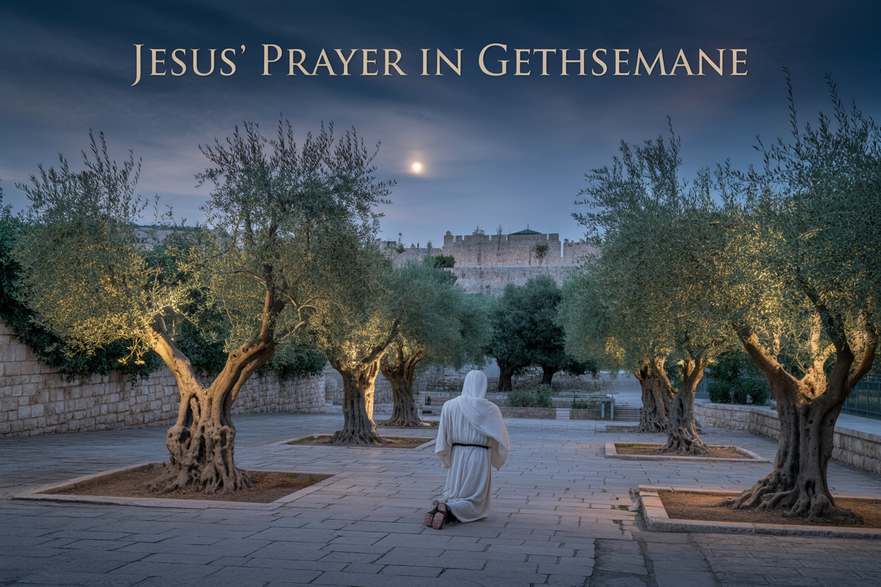Create a realistic image of a serene garden setting at night with ancient olive trees, stone pathways, and soft moonlight filtering through the branches, featuring a solitary white male figure in biblical robes kneeling in prayer position among the gnarled olive trees, with a peaceful yet somber atmosphere, distant view of Jerusalem's ancient walls in the background, and the text "Jesus' Prayer in Gethsemane" elegantly overlaid in golden serif font at the top of the image.