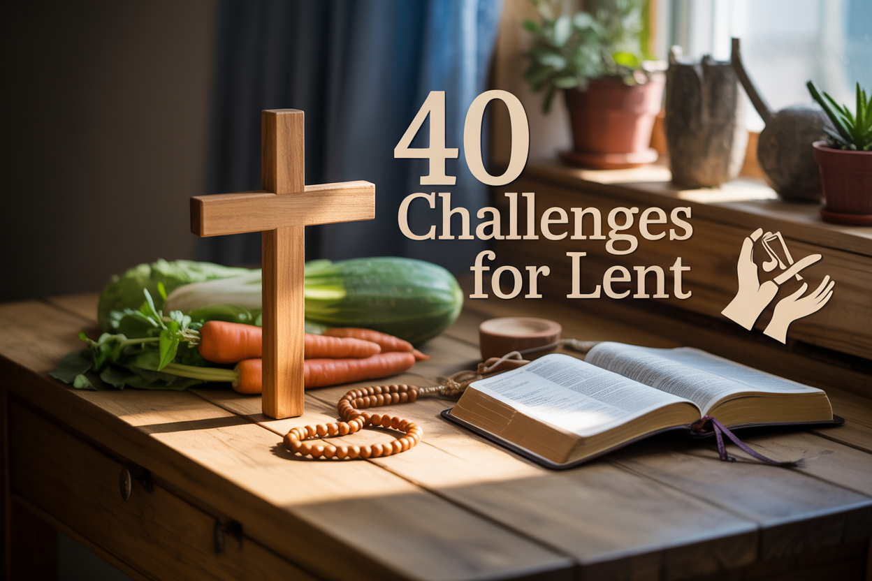 Create a realistic image of a serene composition featuring a wooden cross, an open Bible, prayer beads, and fresh vegetables arranged on a rustic wooden table, with soft natural lighting from a window creating gentle shadows, surrounded by subtle elements like a journal, helping hands silhouette, and small potted plants, conveying a peaceful and contemplative mood, with the text "40 Challenges for Lent" elegantly overlaid in warm, earthy tones.