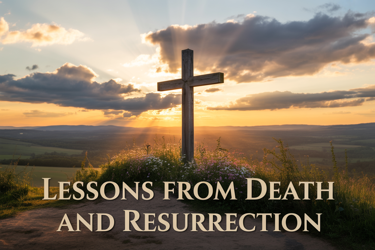 Create a realistic image of a wooden cross standing on a hill at sunrise, with golden light breaking through dramatic clouds, rays of sunlight illuminating the cross from behind creating a powerful silhouette effect, scattered wildflowers at the base of the cross in soft pastel colors, a peaceful countryside landscape stretching into the distance with rolling hills, warm golden and amber tones dominating the scene to convey hope and triumph, with the text "Lessons from Death and Resurrection" elegantly overlaid in serif font at the bottom of the image in white letters with subtle shadow for readability.
